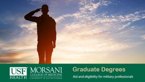 military grad school signified by silhouette of a man doing a military salute at sunset