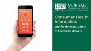 Hand holding a iphone with a health app displaying that they are in on consumer health informatics