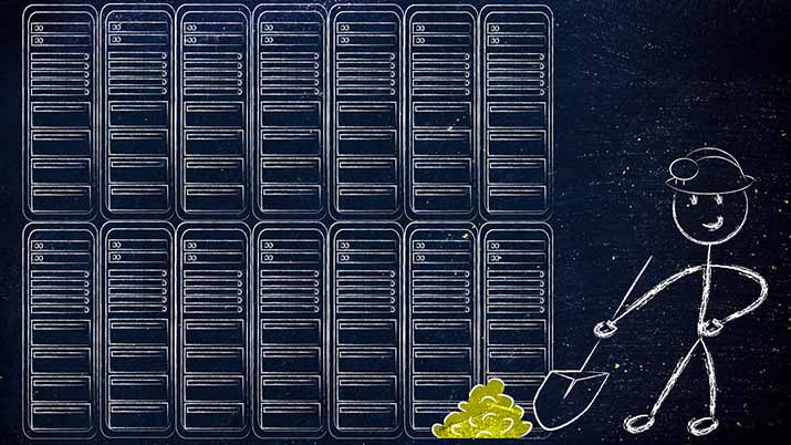 data mining in healthcare depicted as an illustration of a man extracting gold nuggets in a server room