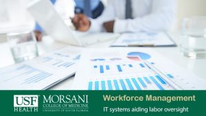 some arms and papers with graphs on them symbolize workforce management software in healthcare