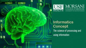 a cgi brain over a circuit board with words informatics concept