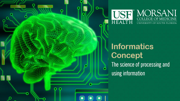 a cgi brain over a circuit board with words informatics concept