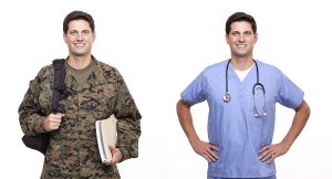 male nurse and a soldier with backpack depicting military friendliness for healthcare degree seekers