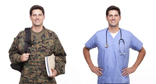 male nurse and a soldier with backpack depicting military friendliness for healthcare degree seekers