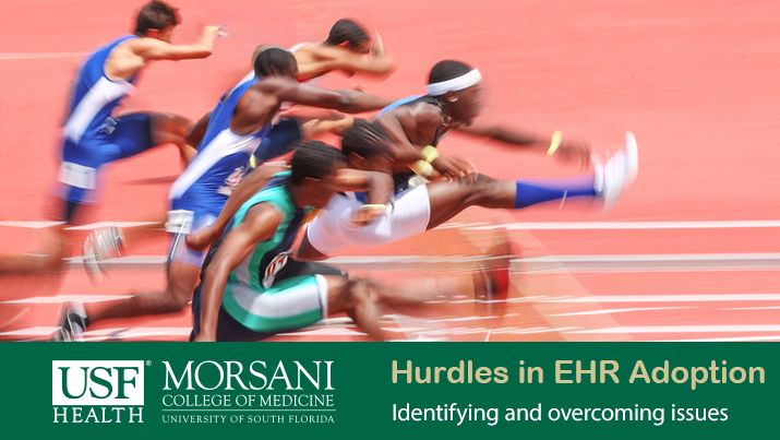 men in a race jumping over a hurdle representing overcoming ehr implemtation