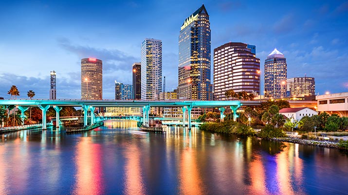 Tampa, Florida, USA downtown city skyline over the Hillsborough River.