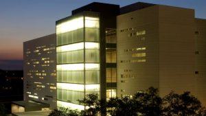 USF Morsani college of Medicine building, photographed at night, offers accredited health informatics programs in-person and online