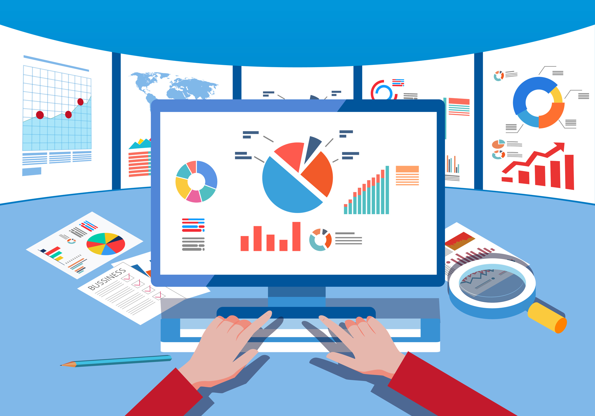 cartoon pov working at a computer with charts and graphs on the screen in a room full of charts and graphs