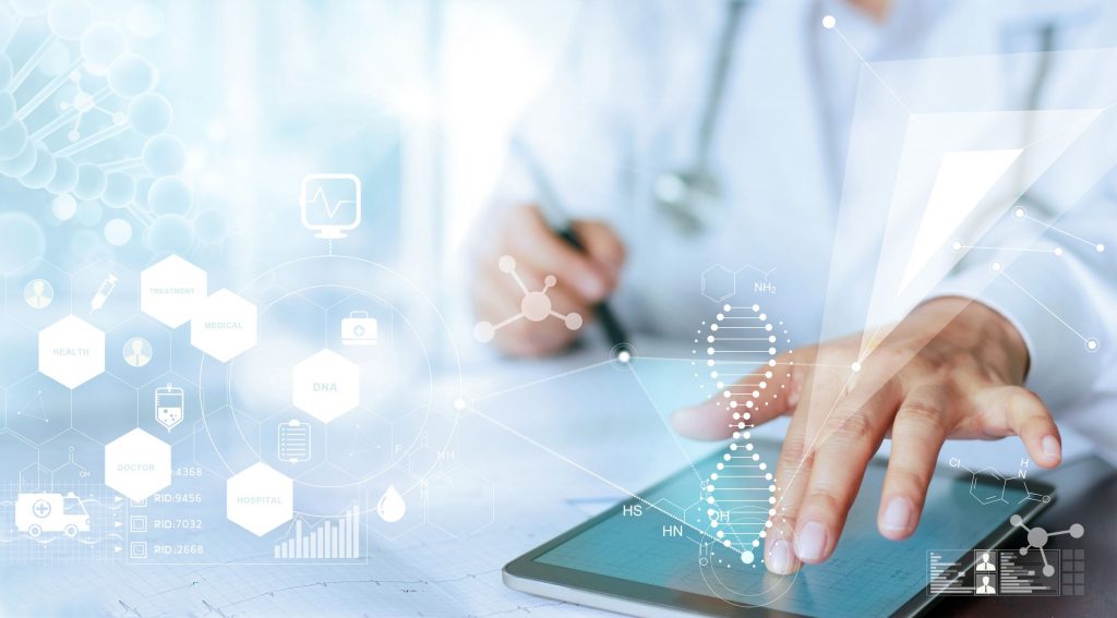 a closeup of a tablet being touched by a doctor whose head is out of frame and there are medical and digital holograms emanating from the tablet