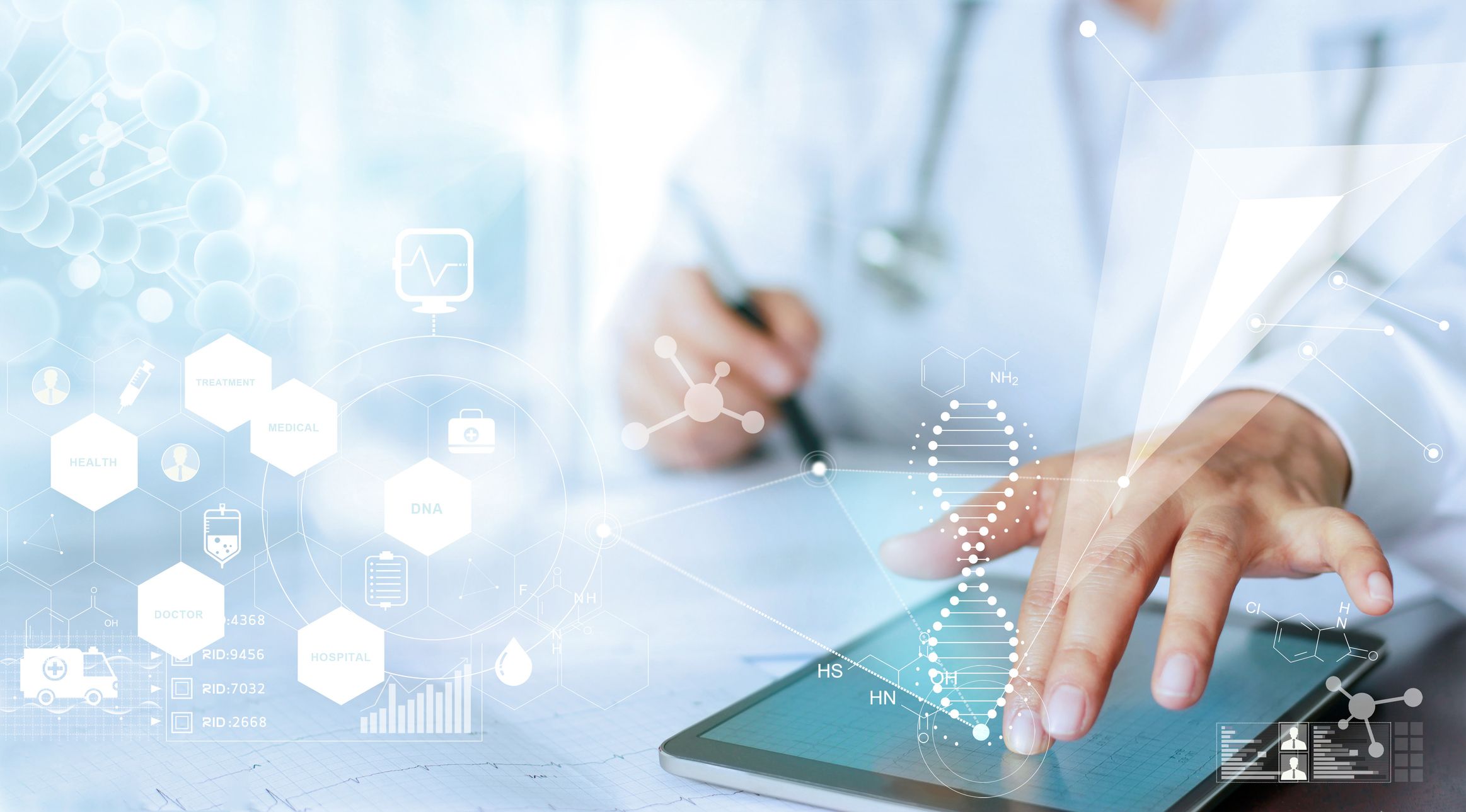 a closeup of a tablet being touched by a doctor whose head is out of frame and there are medical and digital holograms emanating from the tablet