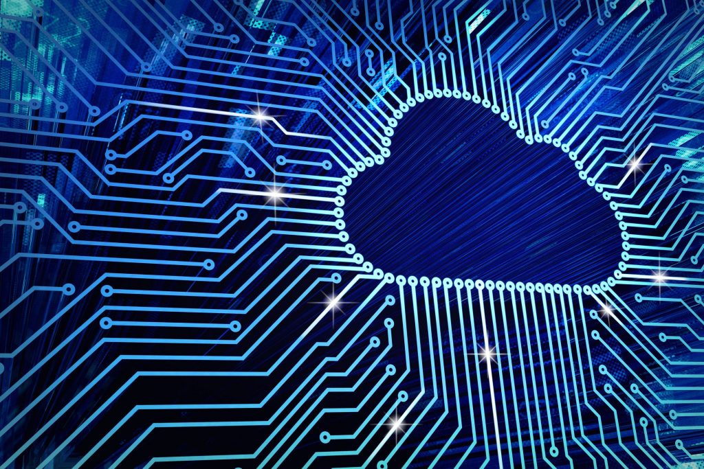 a microchip graphic with the electronics made in the shape of a cloud