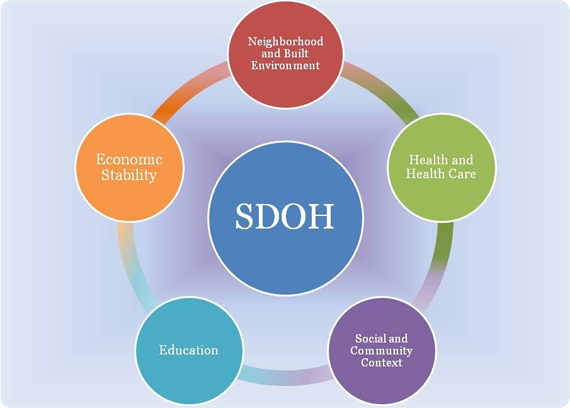 a circular flow chart with SHOH in the center surrounded by neighborhood and built environment, health and healthcare, social and community context, education, and economic stability