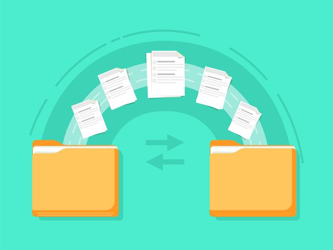 a computer graphic of cartooney file folders on opposite sides with files being exchanged between the two of them