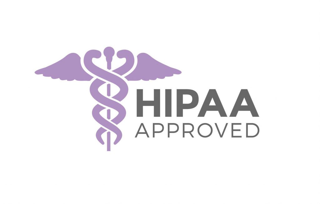 hippaa approved badge with a purple caduceus