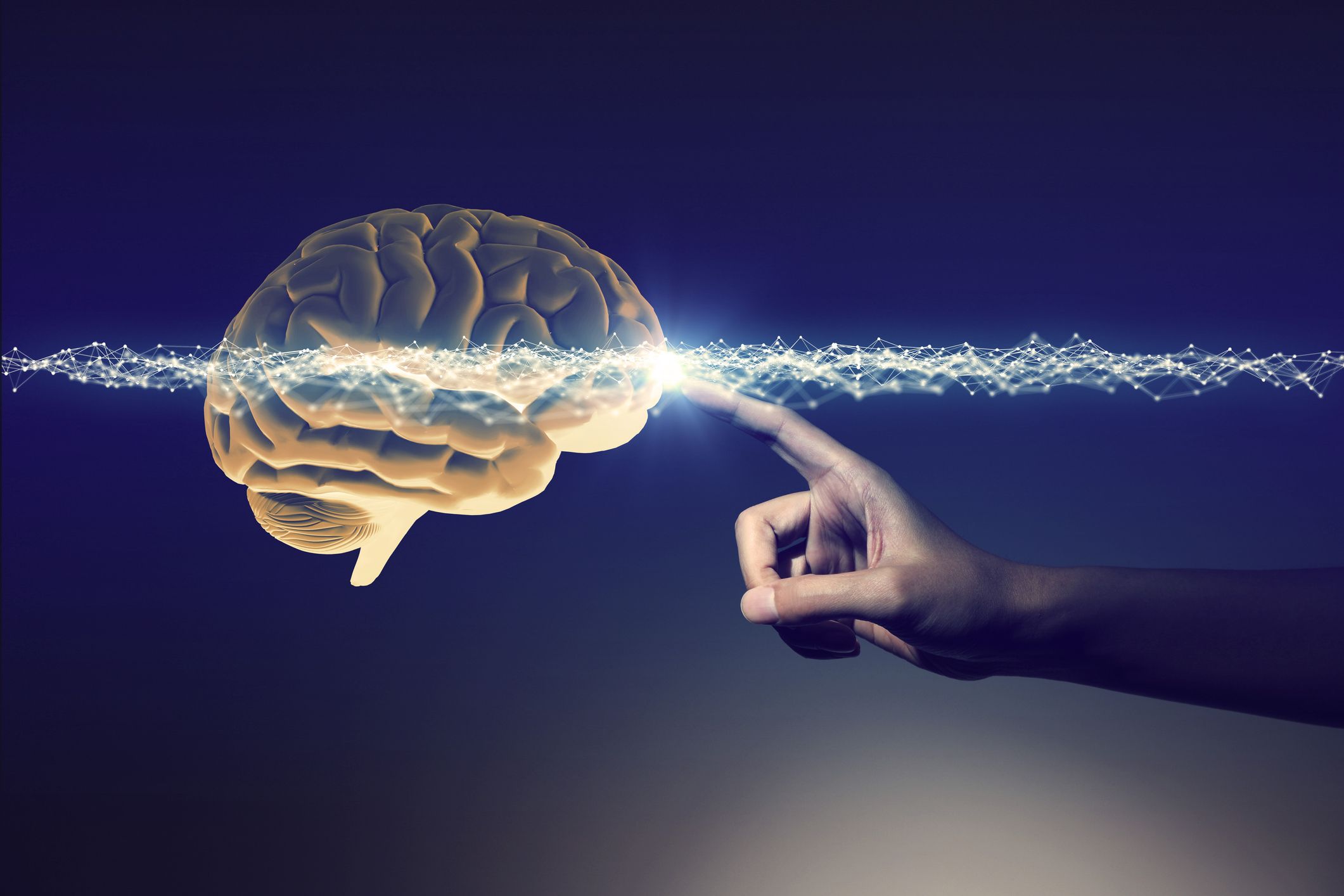 graphic of a finger touching a brain and lighting up with a bright horizontal line of interconnected nodes across the middle