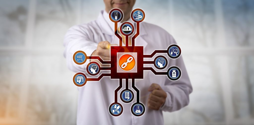 a computer graphic representing interoperability with linked medical iconography