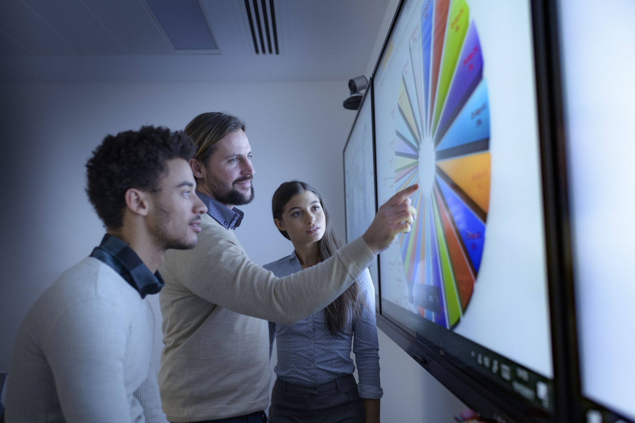 three young professionals in a conference room pointing to a pie chart on a large screen