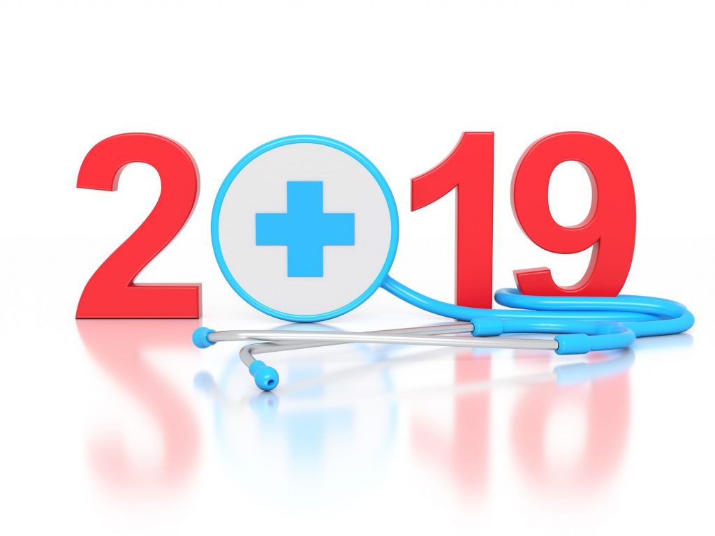 a red and blue graphic of 2019 with a stethoscope as the 0