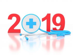 a red and blue graphic of 2019 with a stethoscope as the 0