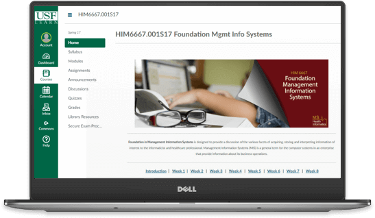 an open laptop with the elearning course for foundation of management info systems course from USF on the screen