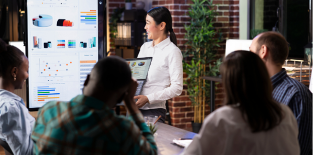 Professional presenting information on healthcare analytics