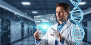 A scientist in a white lab coat interacts with a transparent, holographic touchscreen displaying medical data and charts, with a glowing DNA double helix and digital network graphics in a futuristic laboratory setting.