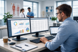 A man working at a desk with dual monitors displaying charts and data analytics in a healthcare office, while two colleagues discuss in the background.