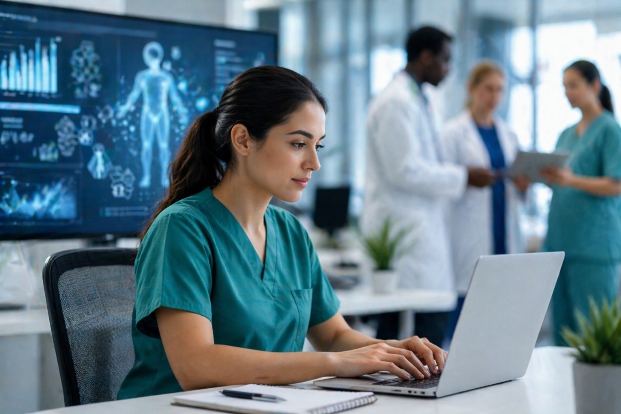 Healthcare professional wearing teal scrubs typing on the computer