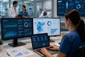 Businesswoman looking a screen of analytics