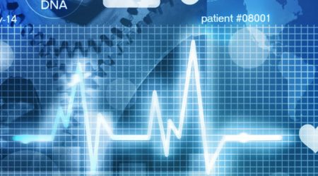 ekg monitor with world map and gears in the background signifying a certificate in healthcare analytics